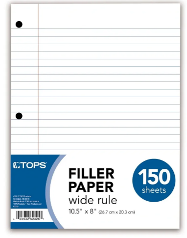 FILLER PAPER, 10-1/2" X 8-1/2", WIDE RULE, 150 SHEETS PER PACK